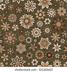 Vector seamless floral pattern in doodle style with flowers and leaves 