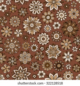 Vector seamless floral pattern in doodle style with flowers and leaves 
