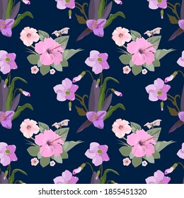 Vector seamless floral pattern drawing of a bouquet of flowers with buds and leaves isolated on a dark blue background for fabric design, paper
