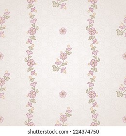 Vector seamless floral pattern in Eastern style. Pastel monochrome element for design. Ornamental lace tracery on light background. Ornate floral pink decor for wallpaper. Endless vintage texture.
