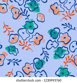 Vector seamless floral pattern. Elegant ornament with abstract simple plane flowers and branches. Pencil and felt tip pen. Background for fashion prints, fabric, wallpaper, textile, surface