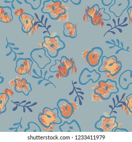 Vector seamless floral pattern. Elegant ornament with abstract simple plane flowers and branches. Pencil and felt tip pen. Background for fashion prints, fabric, wallpaper, textile, surface