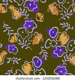 Vector seamless floral pattern. Elegant ornament with abstract small plane flowers and branches. Pencil and felt tip pen. Background for fashion prints, fabric, wallpaper, textile, surface