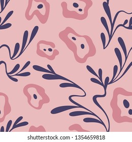 Vector seamless floral pattern. Elegant ornament with abstract simple plane flowers and branches with leaves. Background for fashion prints, fabric, wallpaper, textile, surface.