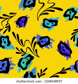 Vector seamless floral pattern. Elegant ornament with abstract simple plane flowers and branches with leaves. Background for fashion prints, fabric, wallpaper, textile, surface.