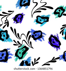 Vector seamless floral pattern. Elegant ornament with abstract simple plane flowers and branches with leaves. Background for fashion prints, fabric, wallpaper, textile, surface.