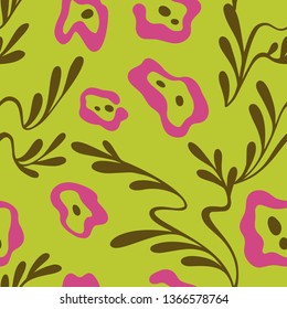 Vector seamless floral pattern. Elegant ornament with abstract simple plane flowers and branches with leaves. Background for fashion prints, fabric, wallpaper, textile, surface.