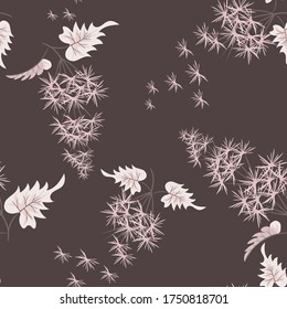 Vector seamless floral pattern. Elegant abstract background with scattered fluffy pink flowers, branches, leaves. Simple botanical texture. Natural wallpapers. Repeat design for decor, textile, print