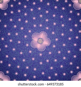 Vector seamless floral pattern, embroidery on blue denim. Cute little pink flowers embroided with little star stitches. 3d effect.