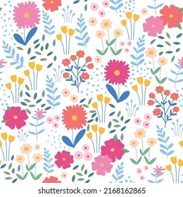 Vector seamless floral pattern. Endless pattern can be used for fabric, wallpaper, pattern fills, web page background, surface textures. Hand drawn flowers leaves and elements.