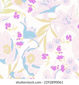 Vector seamless floral pattern for fabric with lilies and small cute flowers, perfect for spring summer mood