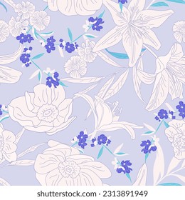 Vector seamless floral pattern for fabric with lilies and small cute flowers, perfect for spring summer mood