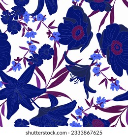 Vector seamless floral pattern for fabric with lilies and small cute flowers, perfect for spring summer mood