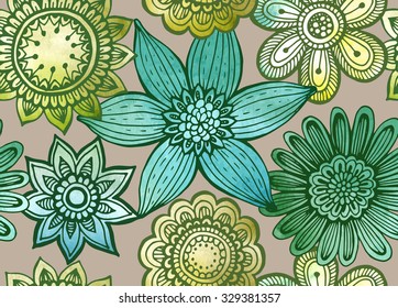 Vector seamless floral pattern with fancy flowers. Colorful endless background with watercolor texture in vintage style. 