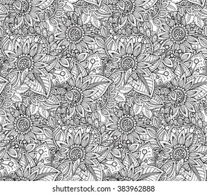 Vector seamless floral pattern with fancy flowers in doodle zentangle style. Monochrome endless background. 