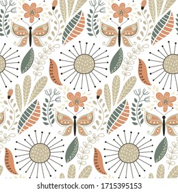 Patrón floral sin vectores con flores y mariposas fantásticas. Tarjeta de saludo de primavera o verano, fondo, impresión o patrón. Papel tapiz floral