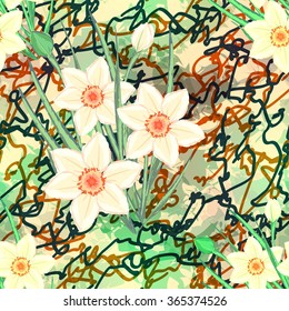 Vector seamless floral pattern with fantasy daffodils on abstract radiant background. Hand drawn spring flowers with stems and leaves.