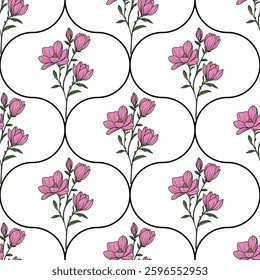 A vector seamless floral pattern featuring pink flowers and buds on a white background, outlined with black shapes creating a modern design in ogee shapes.