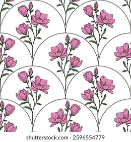 A vector seamless floral pattern featuring pink magnolia flowers and buds arranged in a in a reflected arch shape on a white background. The flowers are detailed with green leaves