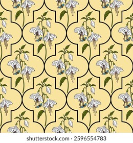 A vector seamless floral pattern featuring white flowers with green leaves on a soft yellow background. The design is structured with a eastern pattern shape