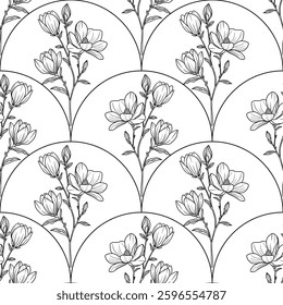 A vector seamless floral pattern featuring delicate line-drawn magnolia flowers and buds arranged in a reflected arch shape. The background is white