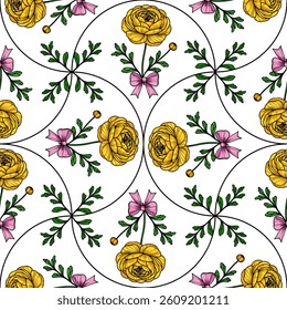 A vector seamless floral pattern featuring yellow roses, pink bows, and green leaves on a white background. The design is intricate and symmetrical, ideal for textiles or wallpapers.