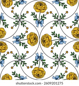 A vector seamless floral pattern featuring yellow roses, green leaves, and blue bows on a white background. The design is intricate and symmetrical, ideal for textiles or wallpapers.