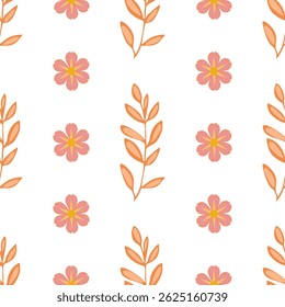 A vector seamless floral pattern featuring pink flowers with yellow centers and orange leaves on a white background. Ideal for fabric design, wallpapers, or stationery.