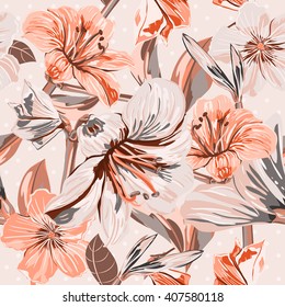 Vector Seamless Floral Pattern. Flower pattern with of soft color pink flowers on the background with dots. Background for your design wedding invitations, save the date cards, scrapbook and etc