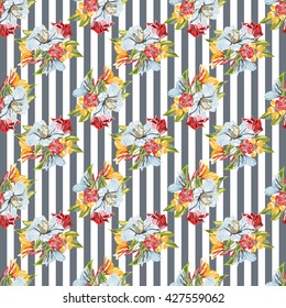 Vector Seamless Floral Pattern. Flower pattern with pink Lilies and blue wildflowers on a gray background with stripes. Vintage Background for your design: Fashion fabric, Wallpaper and etc.