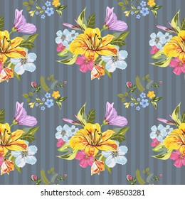 Vector Seamless Floral Pattern. Flower pattern with pink Lilies and blue wildflowers on a gray background with stripes. Vintage Background for your design: Fashion fabric, Wallpaper and etc.