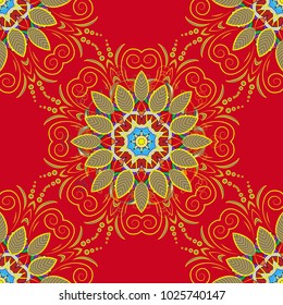 Vector seamless floral pattern. Flowers of the valley on red, yellow and beige colors.