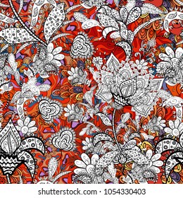Vector seamless floral pattern with flowers, leaves, decorative elements, splash, blots, drop Hand drawn contour lines and strokes Doodle sketch style, graphic vector drawing illustration.