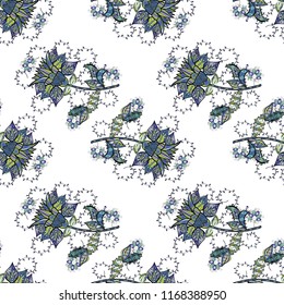 Vector seamless floral pattern with flowers, leaves, decorative elements, splash, blots, drop Hand drawn contour lines and strokes Doodle sketch style, graphic vector drawing illustration.