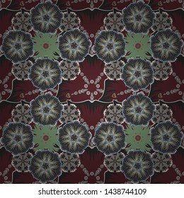 Vector seamless floral pattern with flowers, leaves, decorative elements, splash, blots and drop in blue, gray and brown colors. Doodle sketch style, hand-drawn illustration.