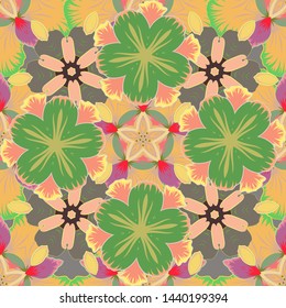 Vector seamless floral pattern with flowers and leaves in green, gray and beige colors.