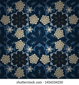 Vector seamless floral pattern with flowers and leaves in gray, beige and blue colors.