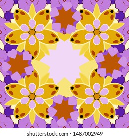 Vector seamless floral pattern with flowers and leaves in yellow, violet and orange colors.