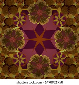 Vector seamless floral pattern with flowers and leaves in purple, brown and yellow colors.