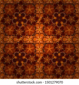 Vector seamless floral pattern with flowers and leaves in orange, brown and red colors.