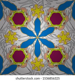 Vector seamless floral pattern with flowers, leaves, decorative elements, splash, blots and drop in blue, beige and white colors. Doodle sketch style, hand-drawn illustration.