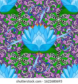 Vector seamless floral pattern. Flowers of the valley on blue, violet and green colors.