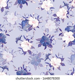 Vector seamless floral pattern with flowers white and violet petunia and leaves on blue background. Hand drawn. For design, textile, print, wallpapers, wrapping paper. Vector stock illustration.