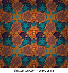 Vector seamless floral pattern with flowers and leaves in blue, pink and orange colors.