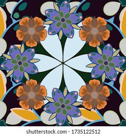 Vector seamless floral pattern with flowers, leaves, decorative elements, splash, blots and drop in gray, blue and violet colors. Doodle sketch style, hand-drawn illustration.
