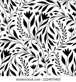 Vector seamless floral pattern with flowers and butterflies on a white background black and white