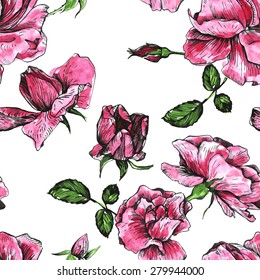 vector seamless floral pattern with flowers of pink roses, drawing by watercolor, ornament with blossoms, buds and leaves, hand drawn background