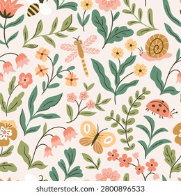 Vector seamless floral pattern with flowers and insects. Cute botanical  background for fabric design, wallpaper or wrapping paper