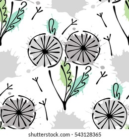 Vector seamless floral pattern with flowers, leaves, decorative elements, splash, blots, drop. Hand drawn contour lines and strokes. Doodle sketch style, graphic vector drawing illustration.