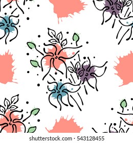 Vector seamless floral pattern with flowers, leaves, decorative elements, splash, blots, drop. Hand drawn contour lines and strokes. Doodle sketch style, graphic vector drawing illustration.